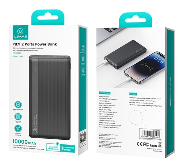 USAMS power bank US-CD205, 2x USB θύρες εξόδου, 10000mAh, 10W, μαύρο - Image 3