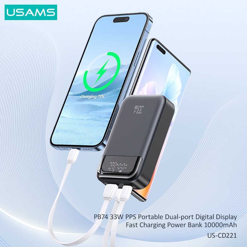 USAMS power bank CD221 με οθόνη, 2x θύρες εξόδου, 10000mAh, PPS 33W, γκρι - Image 2