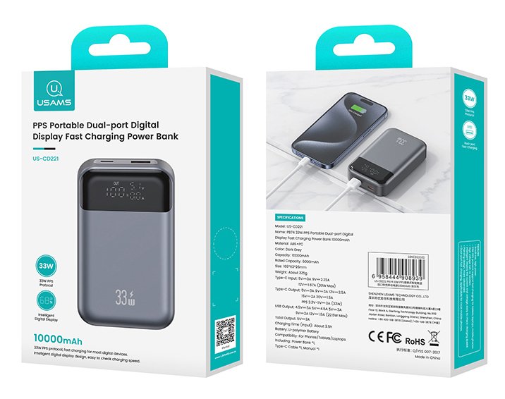 USAMS power bank CD221 με οθόνη, 2x θύρες εξόδου, 10000mAh, PPS 33W, γκρι - Image 6