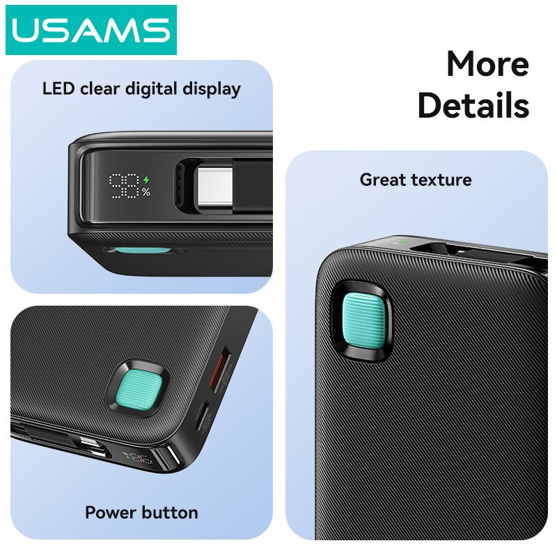USAMS power bank CD224 με καλώδιο USB-C, 2x θύρες εξόδου, 10000mAh, 20W, λευκό - Image 4