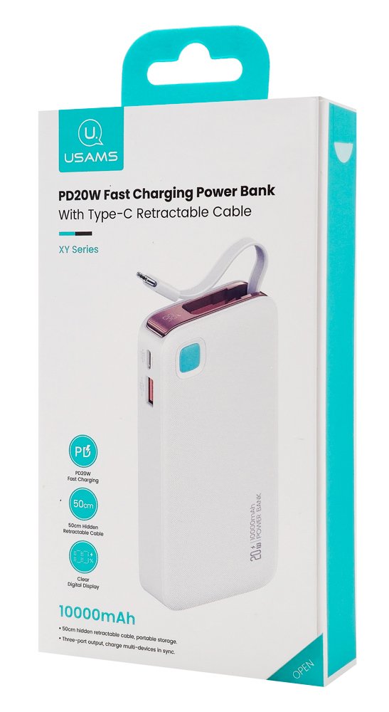 USAMS power bank CD224 με καλώδιο USB-C, 2x θύρες εξόδου, 10000mAh, 20W, λευκό - Image 5