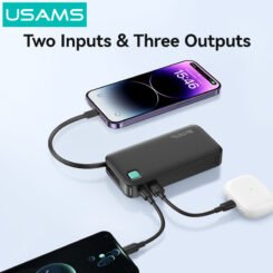 USAMS power bank CD225 με καλώδιο Lightning, 2x θύρες εξόδου, 10000mAh, 20W, μαύρο