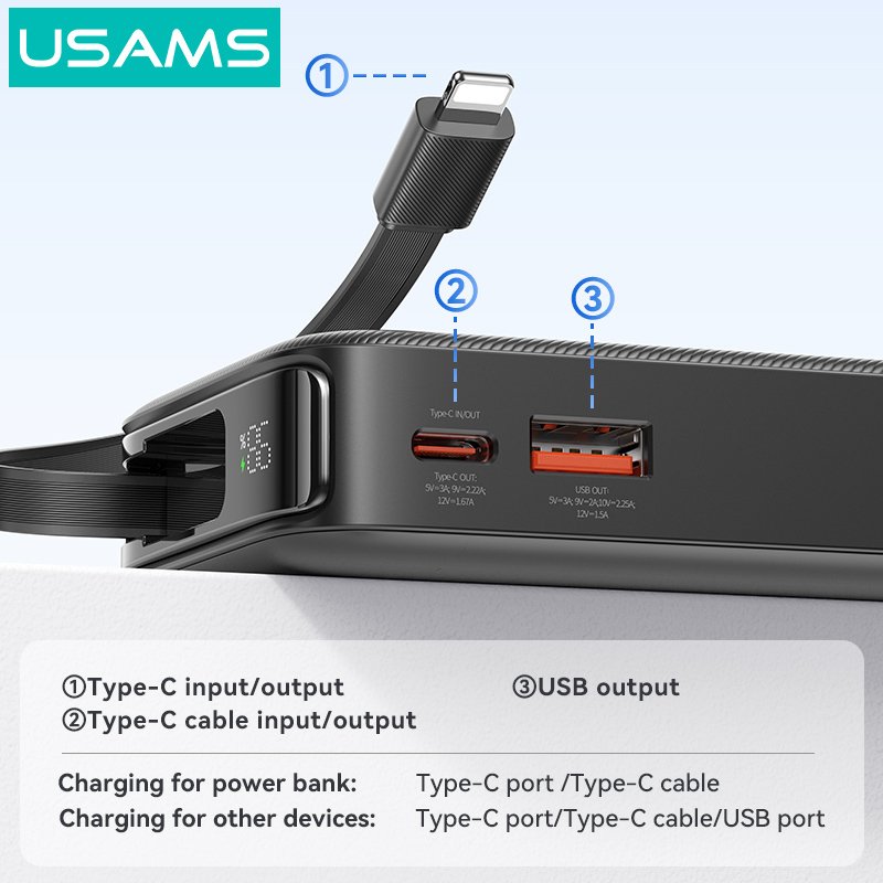 USAMS power bank CD225 με καλώδιο Lightning, 2x θύρες εξόδου, 10000mAh, 20W, λευκό - Image 3