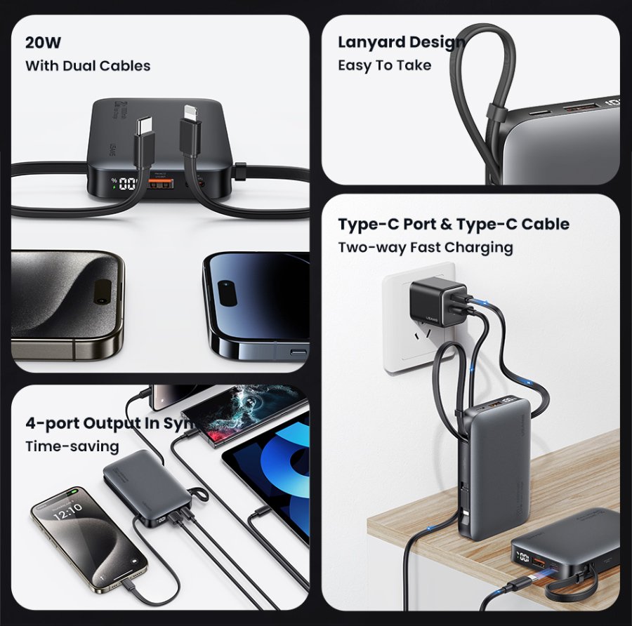 USAMS power bank CD228 με 2x καλώδια, 2x θύρες εξόδου, 10000mAh, 20W, γκρι