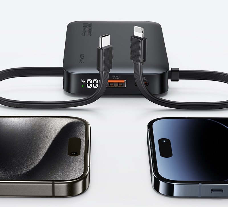 USAMS power bank CD228 με 2x καλώδια, 2x θύρες εξόδου, 10000mAh, 20W, γκρι - Image 2