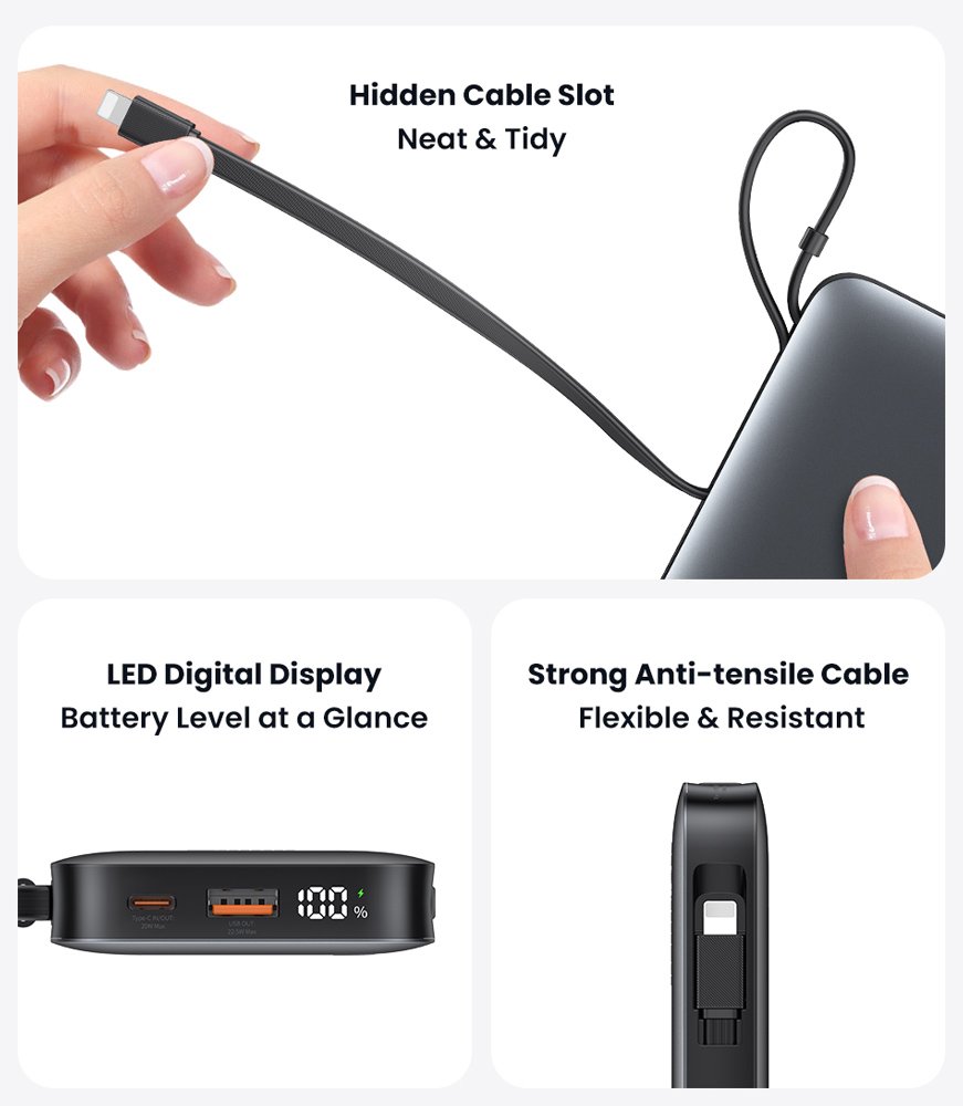 USAMS power bank CD228 με 2x καλώδια, 2x θύρες εξόδου, 10000mAh, 20W, γκρι - Image 4