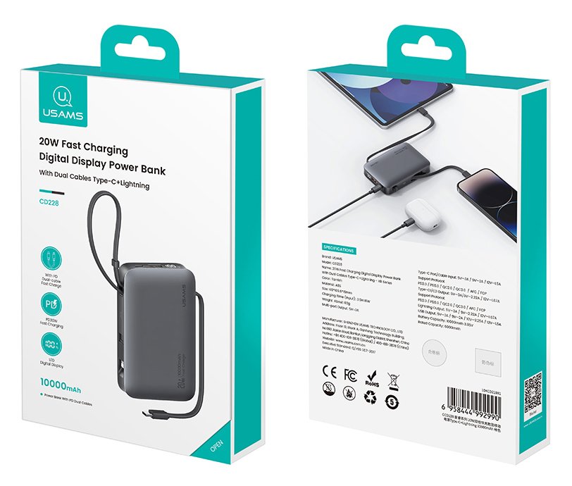 USAMS power bank CD228 με 2x καλώδια, 2x θύρες εξόδου, 10000mAh, 20W, γκρι - Image 6