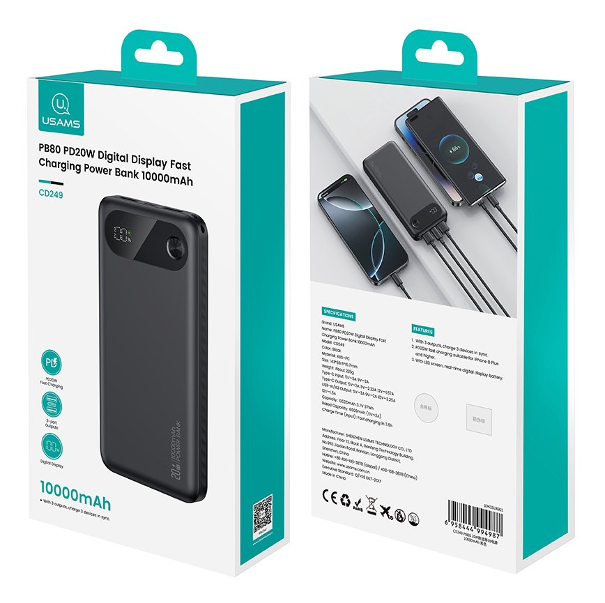 USAMS power bank CD249 με οθόνη, 3x θύρες εξόδου, 10000mAh, PD20W, μαύρο - Image 7