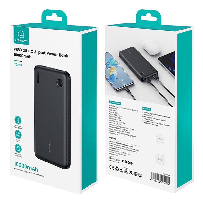 USAMS power bank CD253, 2x θύρες εξόδου, 10000mAh, 10W, μαύρο - Image 6