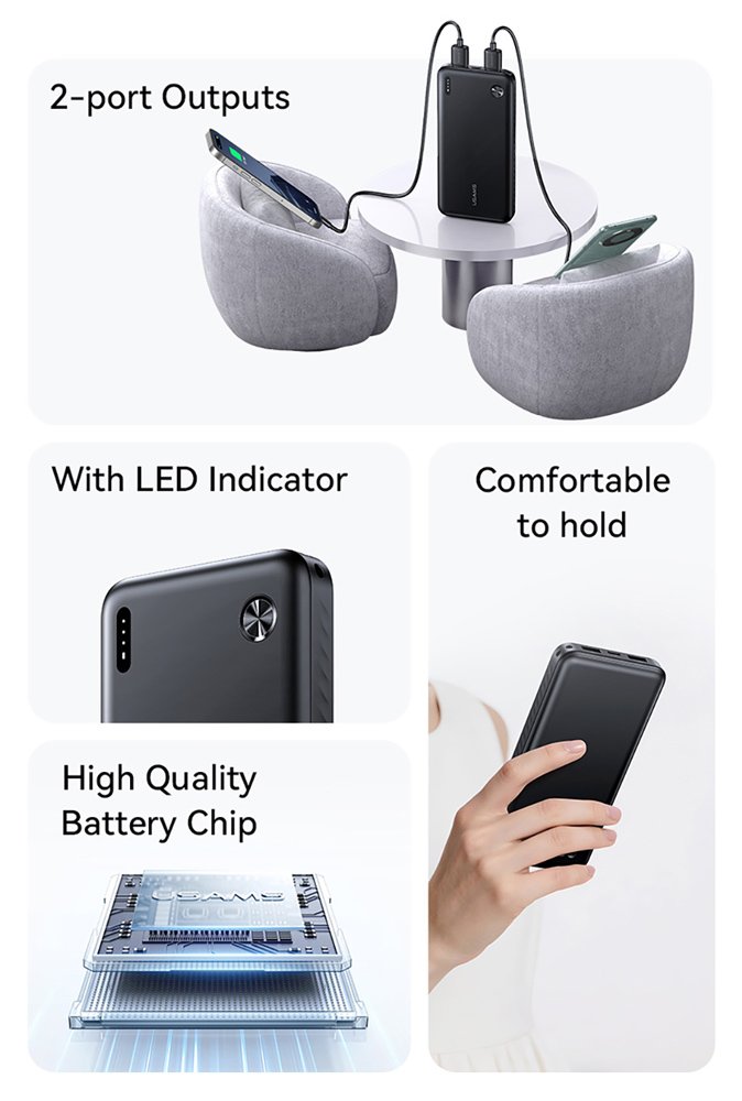 USAMS power bank CD253, 2x θύρες εξόδου, 10000mAh, 10W, λευκό - Image 4