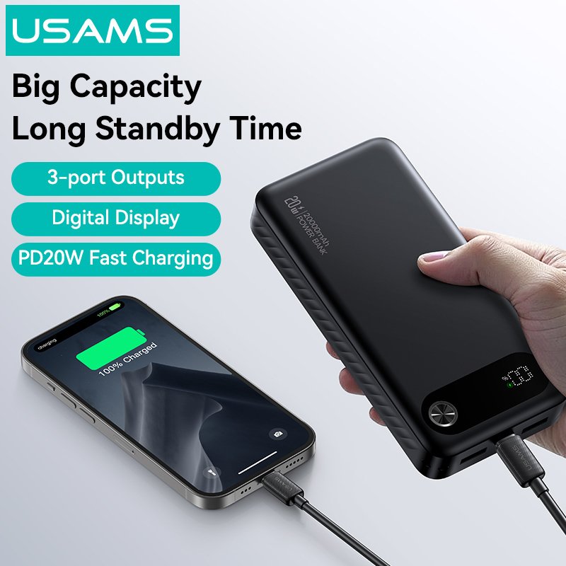 USAMS power bank CD251 με οθόνη, 3x θύρες εξόδου, 20000mAh, PD20W, μαύρο - Image 5