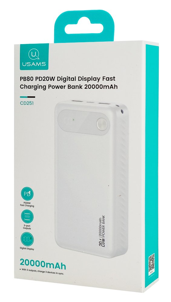 USAMS power bank CD251 με οθόνη, 3x θύρες εξόδου, 20000mAh, PD20W, λευκό - Image 7