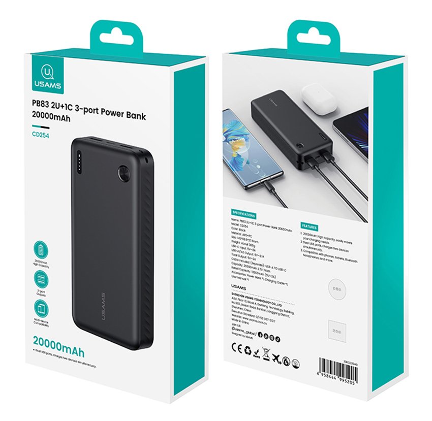 USAMS power bank CD254, 2x θύρες εξόδου, 20000mAh, 10W, μαύρο - Image 6