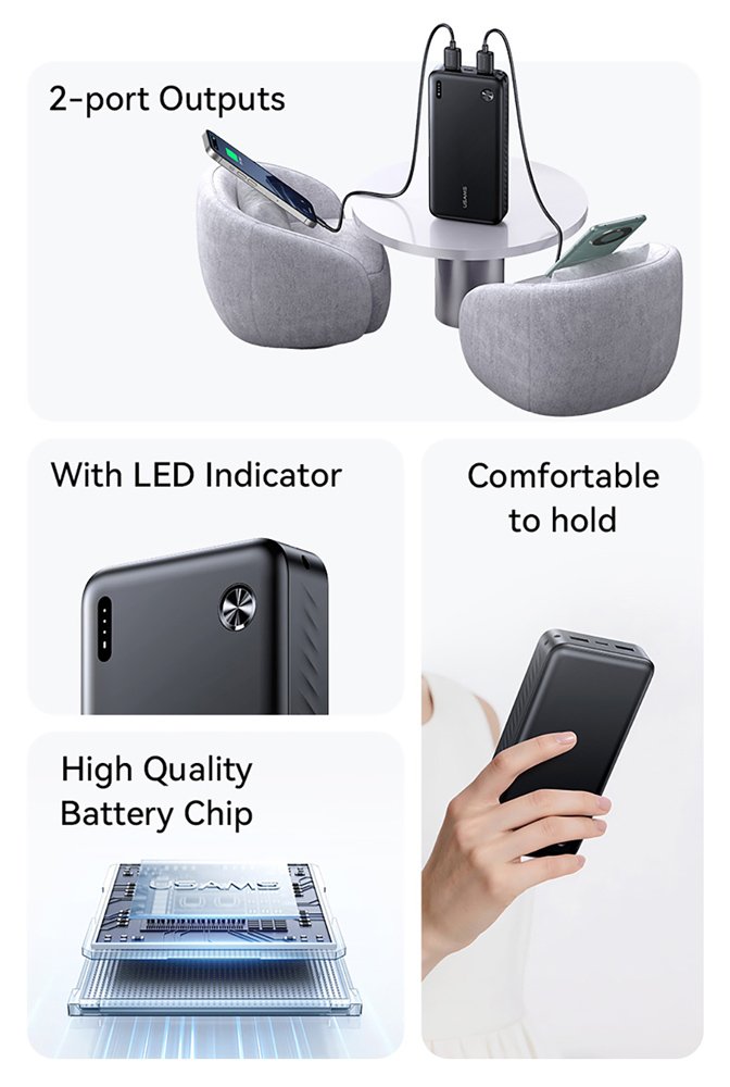 USAMS power bank CD254, 2x θύρες εξόδου, 20000mAh, 10W, λευκό - Image 3