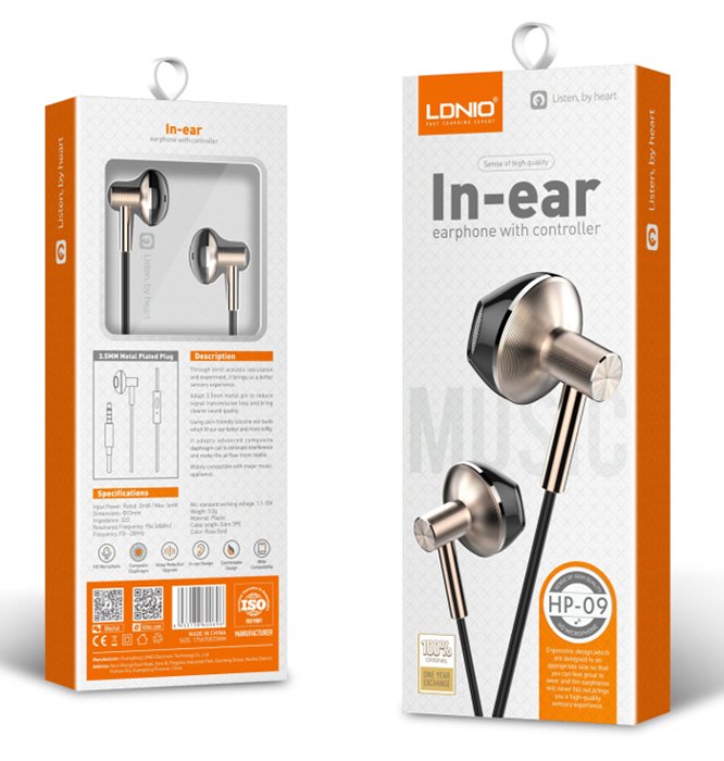 LDNIO earphones με μικρόφωνο HP09, 3.5mm σύνδεση, Φ13mm, 1.2m, ροζ χρυσό - Image 3