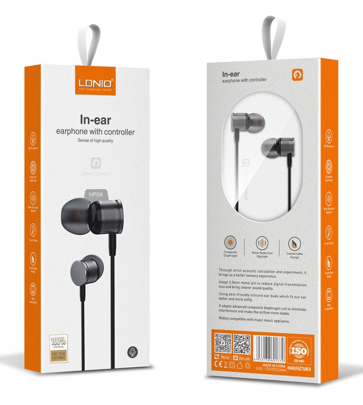 LDNIO earphones με μικρόφωνο HP04, 3.5mm σύνδεση, Φ10mm, 1.2m, γκρι - Image 2