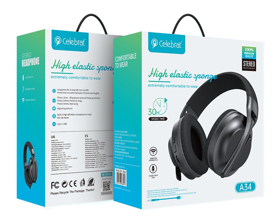 CELEBRAT headphones A34, ασύρματα & ενσύρματα, 40mm, 300mAh, μαύρα - Image 6