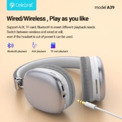 CELEBRAT headphones A39, ασύρματα & ενσύρματα, micro SD, 40mm, 400mAh, μαύρα