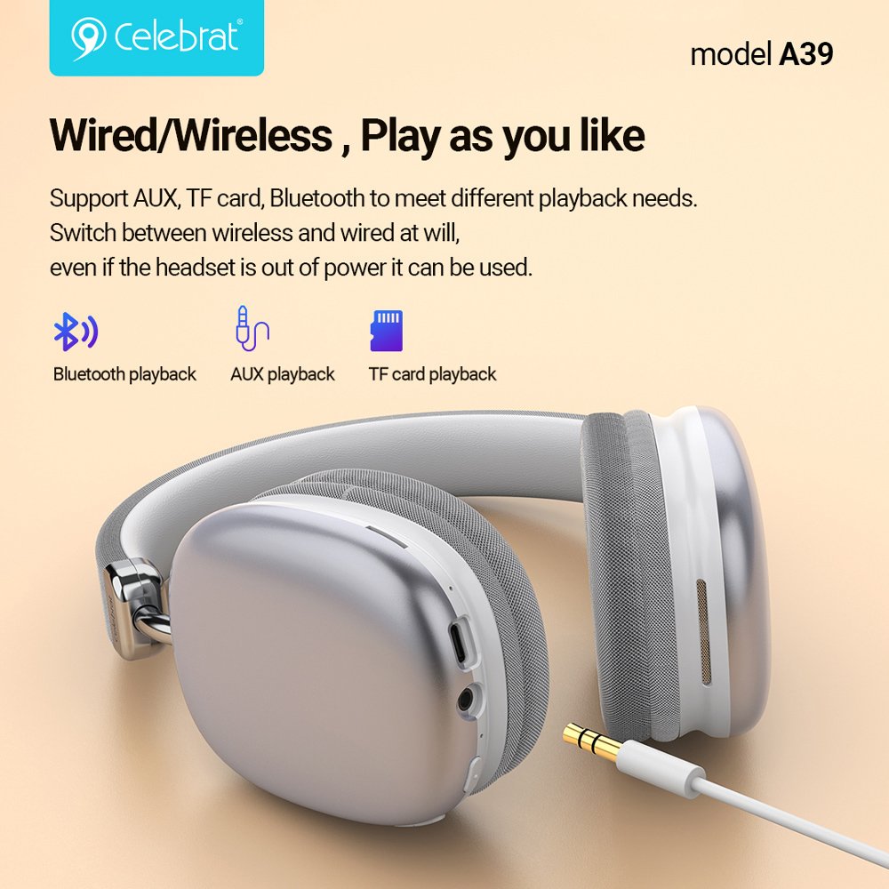 CELEBRAT headphones A39, ασύρματα & ενσύρματα, micro SD, 40mm, 400mAh, ασημί - Image 2