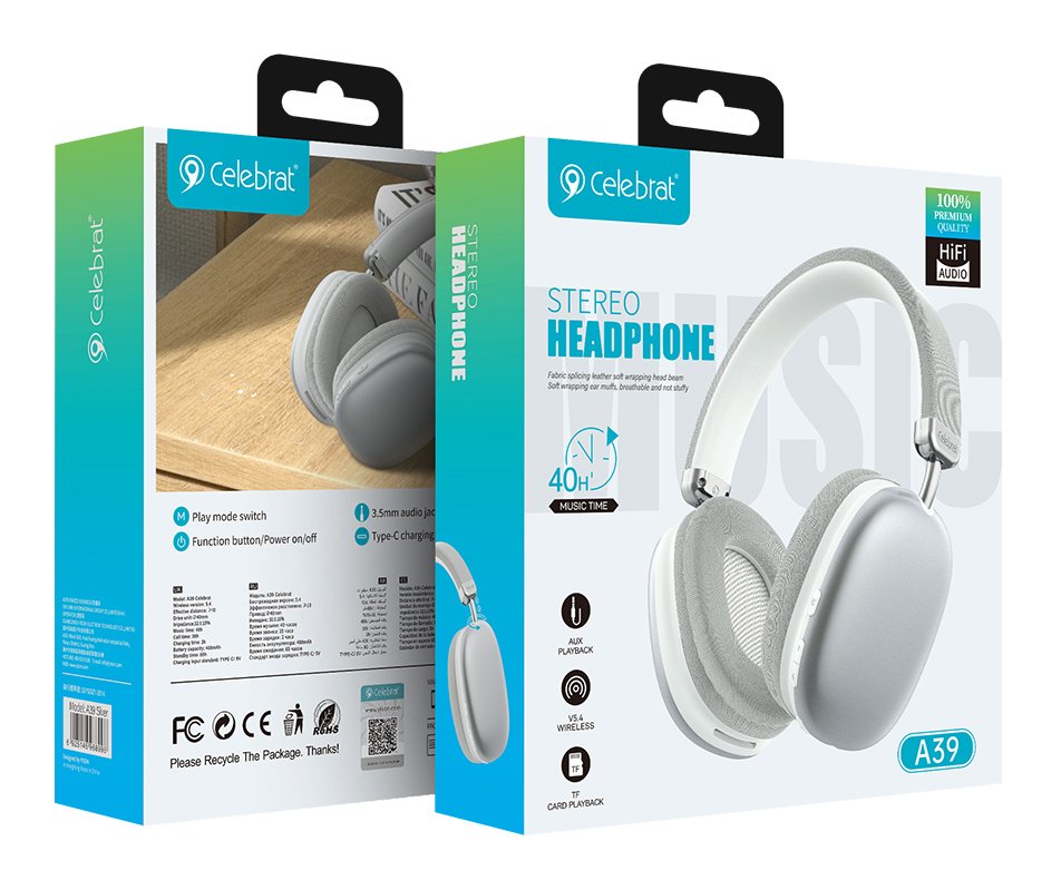 CELEBRAT headphones A39, ασύρματα & ενσύρματα, micro SD, 40mm, 400mAh, ασημί - Image 4