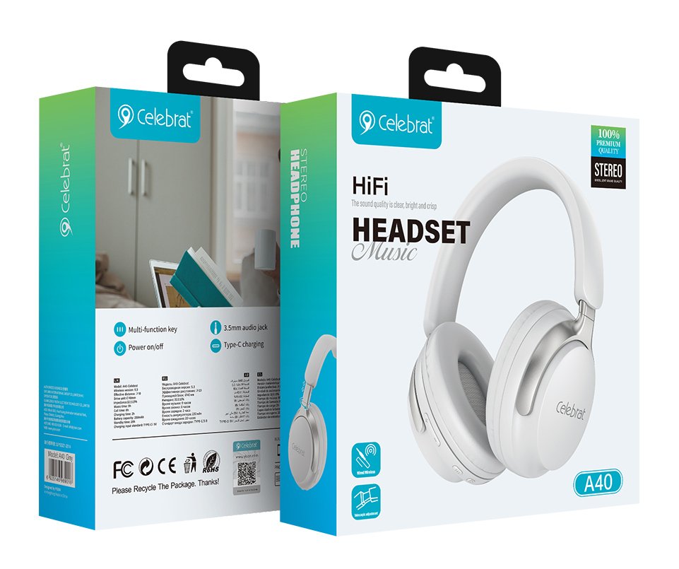 CELEBRAT headphones A40, ασύρματα & ενσύρματα, 40mm, 250mAh, λευκά - Image 3