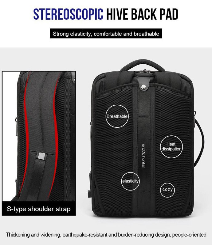 ARCTIC HUNTER τσάντα πλάτης B00345 με θήκη laptop 15.6", USB, 19-32L, μαύρη - Image 7