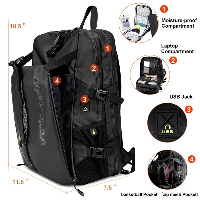 ARCTIC HUNTER τσάντα πλάτης B00391 με θήκη μπάλας & laptop, 26L, μαύρη - Image 4