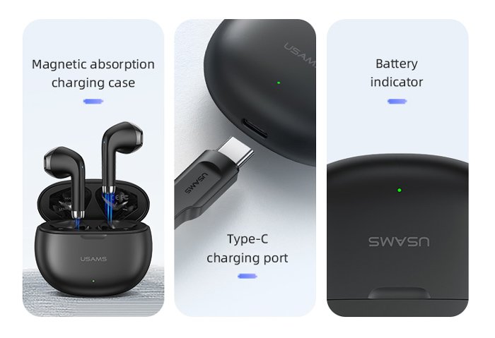 USAMS earphones με θήκη φόρτισης US-YO17, True Wireless, Φ13mm, μαύρα - Image 4