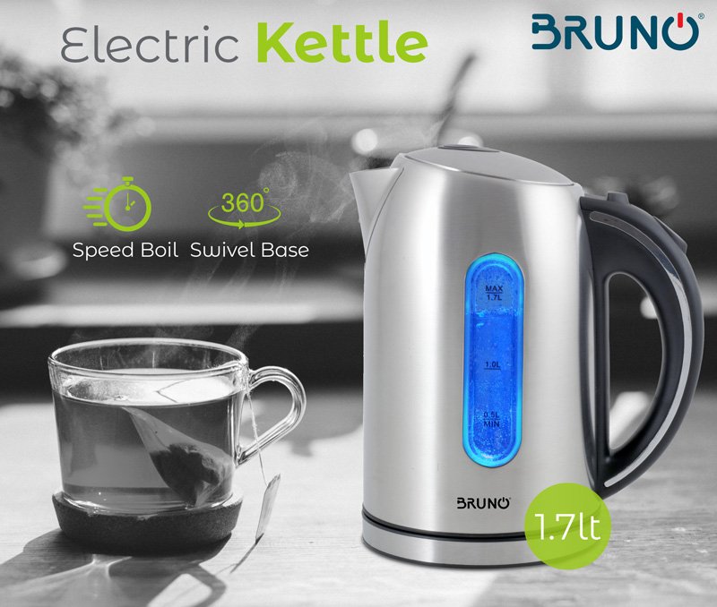 BRUNO ηλεκτρικός βραστήρας BRN-0028, 2200W, 1.7lt, βάση 360°, LED