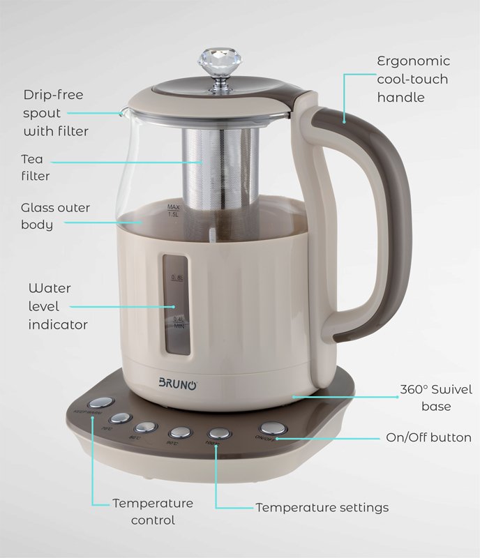 BRUNO ηλεκτρικός βραστήρας BRN-0053, με φίλτρο για τσάι, 2200w, 1.5t