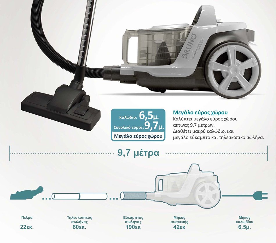 BRUNO ηλεκτρική σκούπα BRN-0137, 800W, 3lt, κυκλωνική, λευκή - Image 6