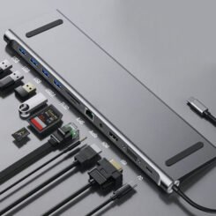 POWERTECH docking station BYL-2003, 11 θυρών, βάση laptop, USB-C, γκρι