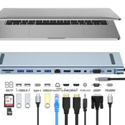POWERTECH docking station BYL-2003U2, 12 θυρών, βάση laptop, USB-C, γκρι