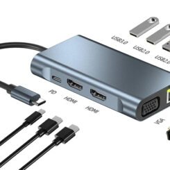 POWERTECH docking station BYL-2311 8 θυρών, USB-C σύνδεση, 100W PD, γκρι