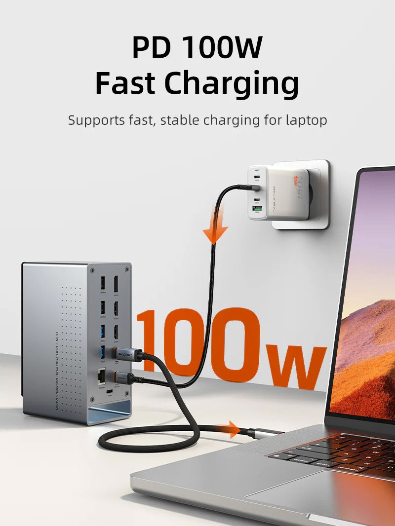 CABLETIME docking station CT-DK181-AG, 16 θυρών, USB-C σύνδεση, 100W PD, 1000Mbps, MST, γκρι - Image 3