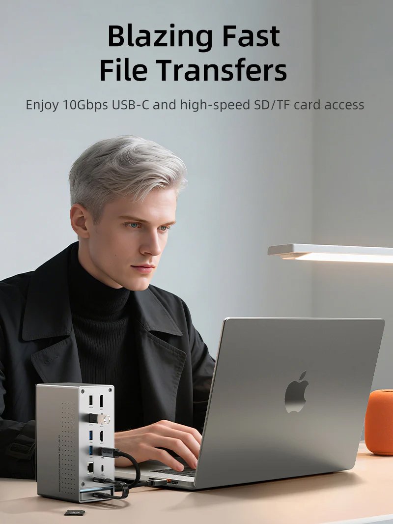 CABLETIME docking station CT-DK181-AG, 16 θυρών, USB-C σύνδεση, 100W PD, 1000Mbps, MST, γκρι - Image 5