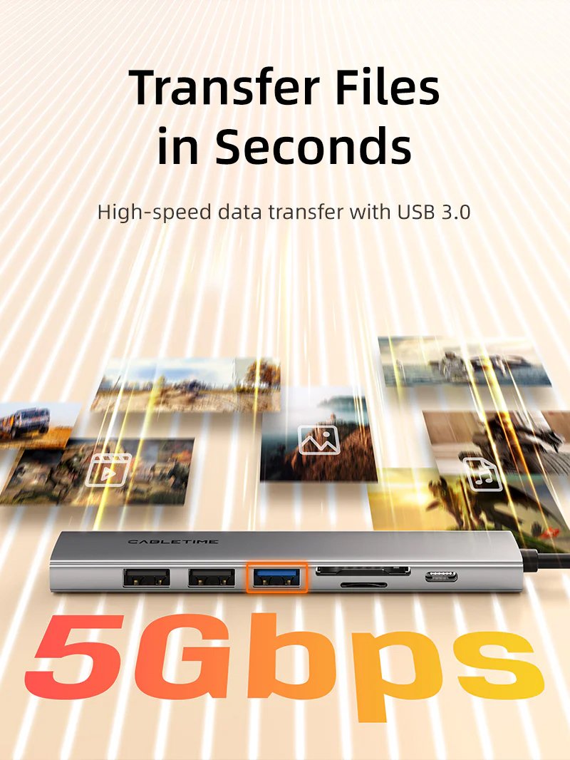 CABLETIME docking station CT-HBP2-AG7, 7 θυρών, USB-C, 4K, 100W, γκρι - Image 3