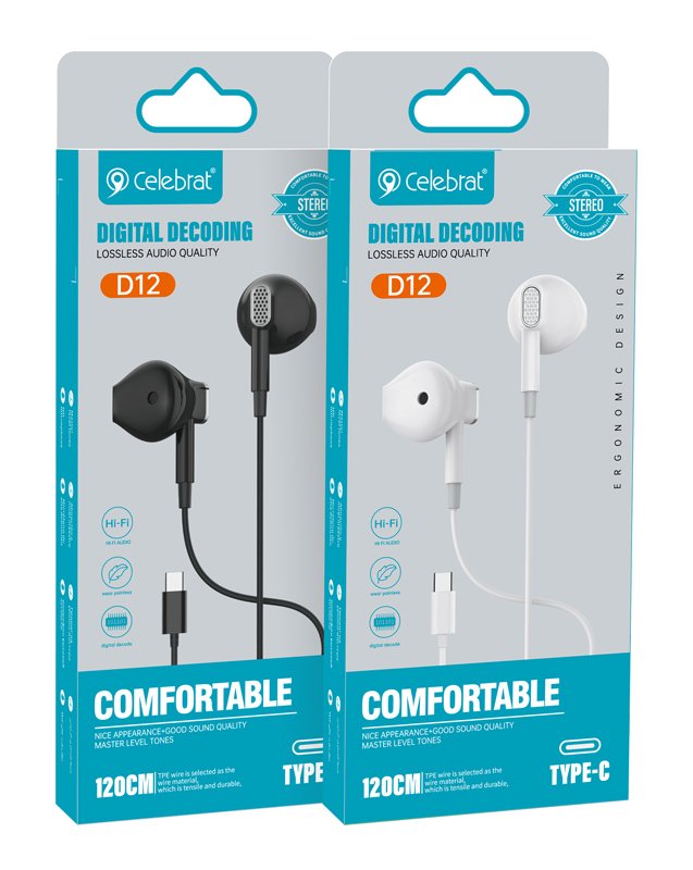 CELEBRAT earphones με μικρόφωνο D12, USB-C σύνδεση, Φ14.2mm, 1.2m, μαύρα - Image 3