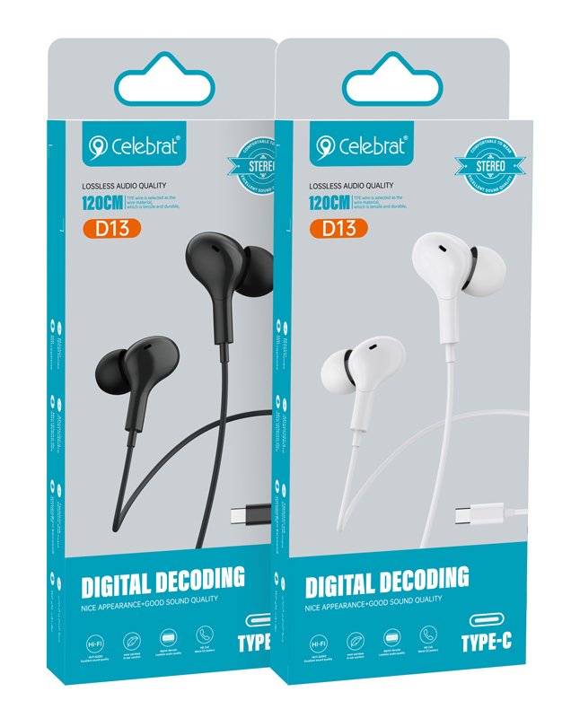 CELEBRAT earphones με μικρόφωνο D13, USB-C σύνδεση, Φ10mm, 1.2m, μαύρα - Image 2