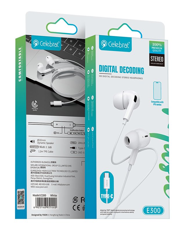 CELEBRAT earphones με μικρόφωνο E300, USB-C σύνδεση, Φ10mm, 1.2m, λευκά - Image 3