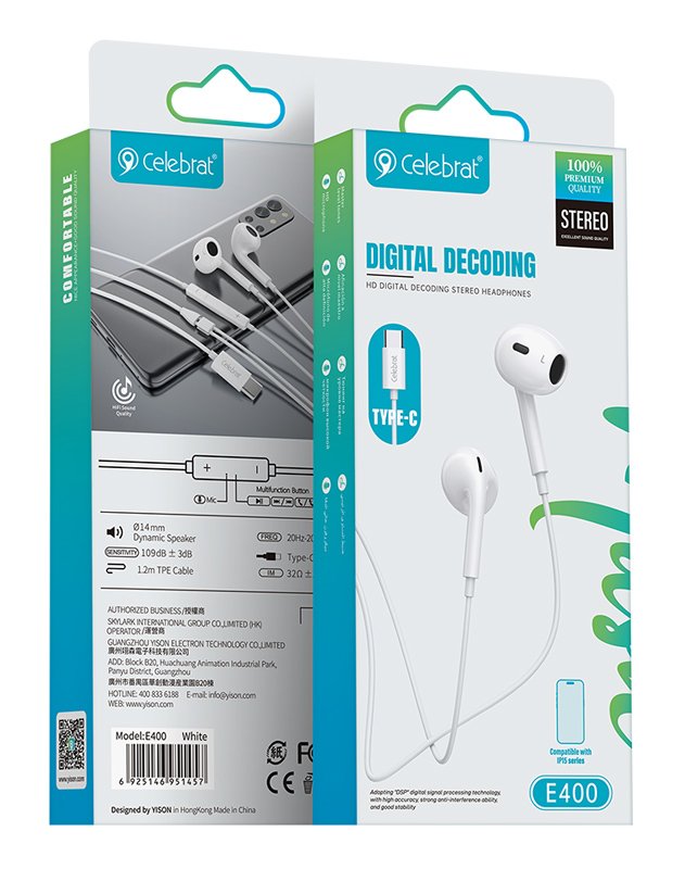 CELEBRAT earphones με μικρόφωνο E400, USB-C σύνδεση, Φ14mm, 1.2m, λευκά - Image 3
