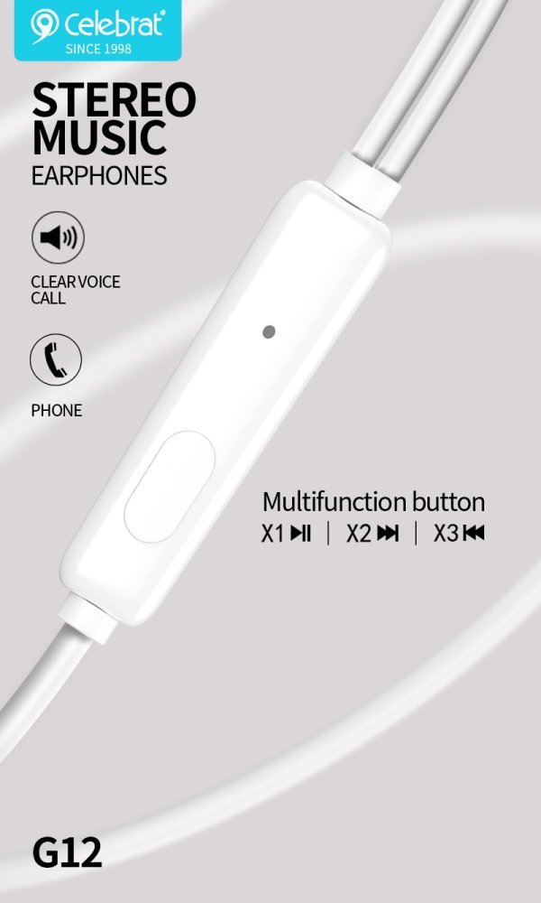 CELEBRAT earphones με μικρόφωνο G12, 3.5mm σύνδεση, Φ14.2mm, 1.2m, λευκό - Image 2