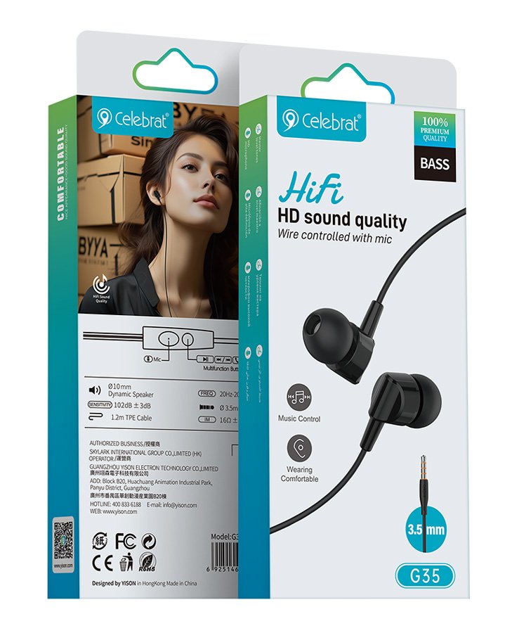 CELEBRAT earphones με μικρόφωνο G35, 3.5mm σύνδεση, 10mm, 1.2m, μαύρα - Image 4