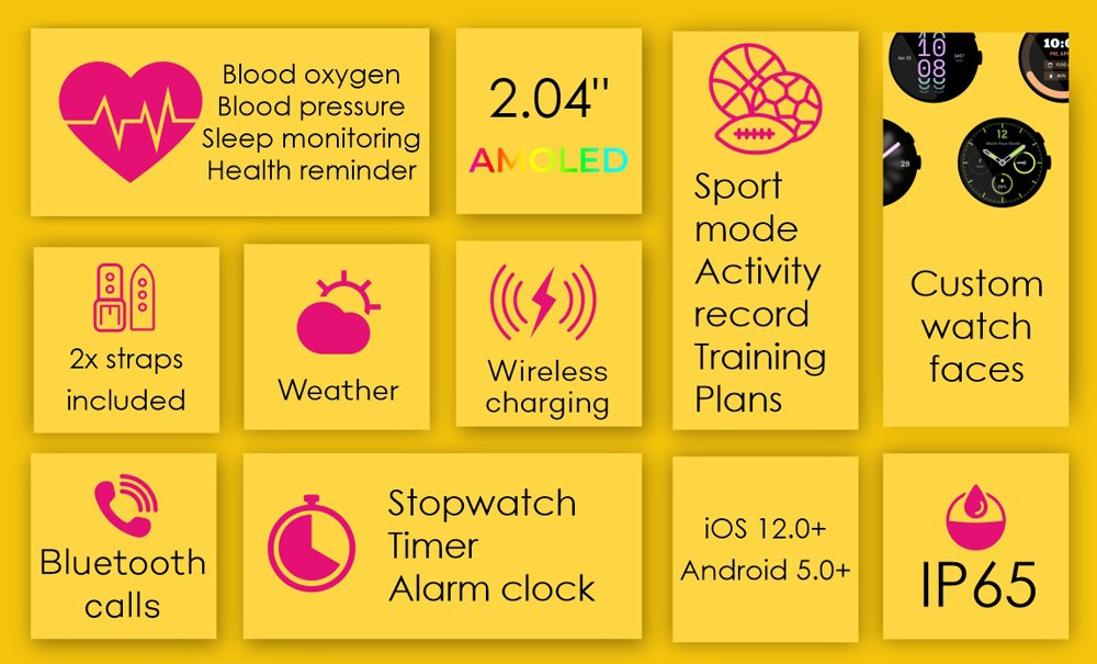 INTIME smartwatch A10 Pro με 2x λουράκια, heart rate, 2.04" AMOLED, IP65, μαύρο