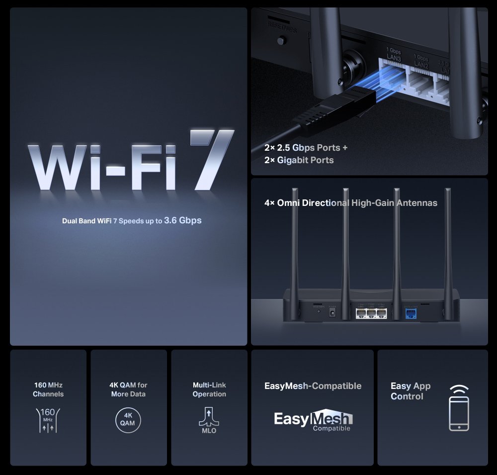 MERCUSYS router MR27BE, WiFi 7, 3.6Gbps BE3600, EasyMesh, Ver 1.20 - Image 3