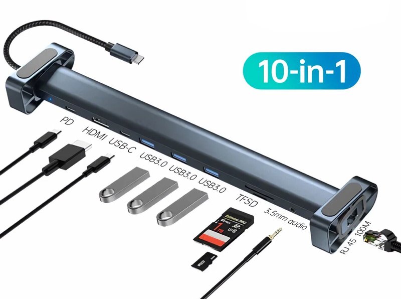 POWERTECH docking station PTR-0152, 10 θυρών, βάση laptop, USB-C, γκρι - Image 2