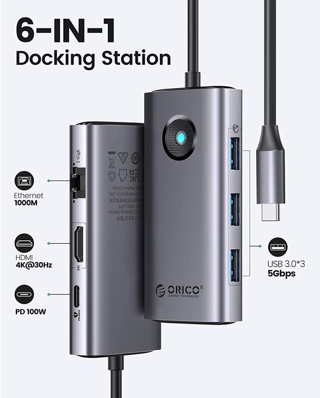 ORICO docking station PW11-6PR, 6 θυρών, USB-C σύνδεση, 100W PD 4K, γκρι - Image 2
