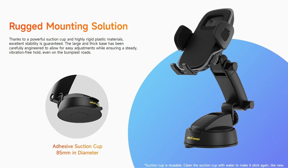 ULEFONE βάση smartphone αυτοκινήτου UAN15 για ταμπλό, 58-100mm x 120mm, μαύρη - Image 3