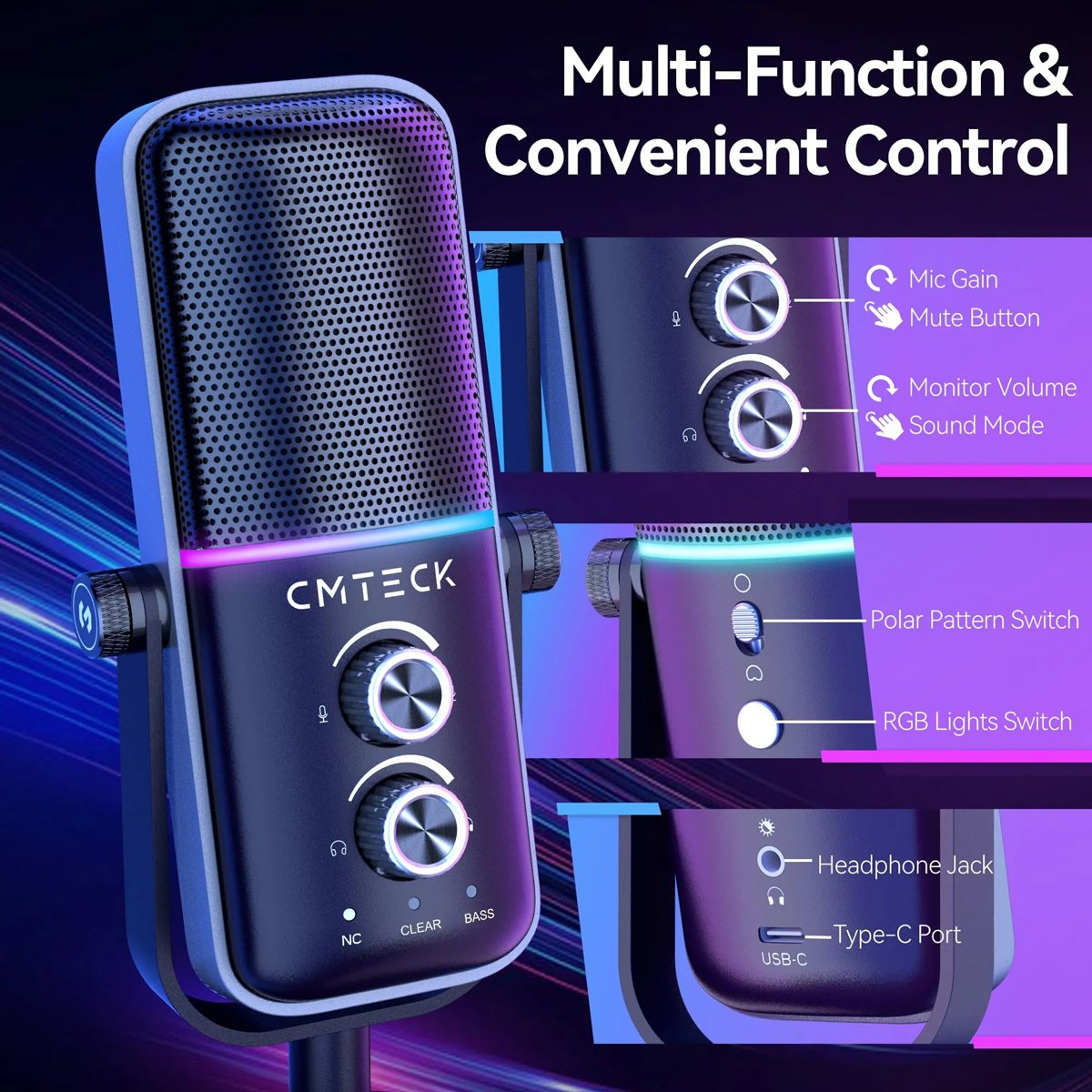 CMTECK επιτραπέζιο μικρόφωνο XM600, omnidirectional/καρδιοειδές, USB, RGB LED, μαύρο - Image 5