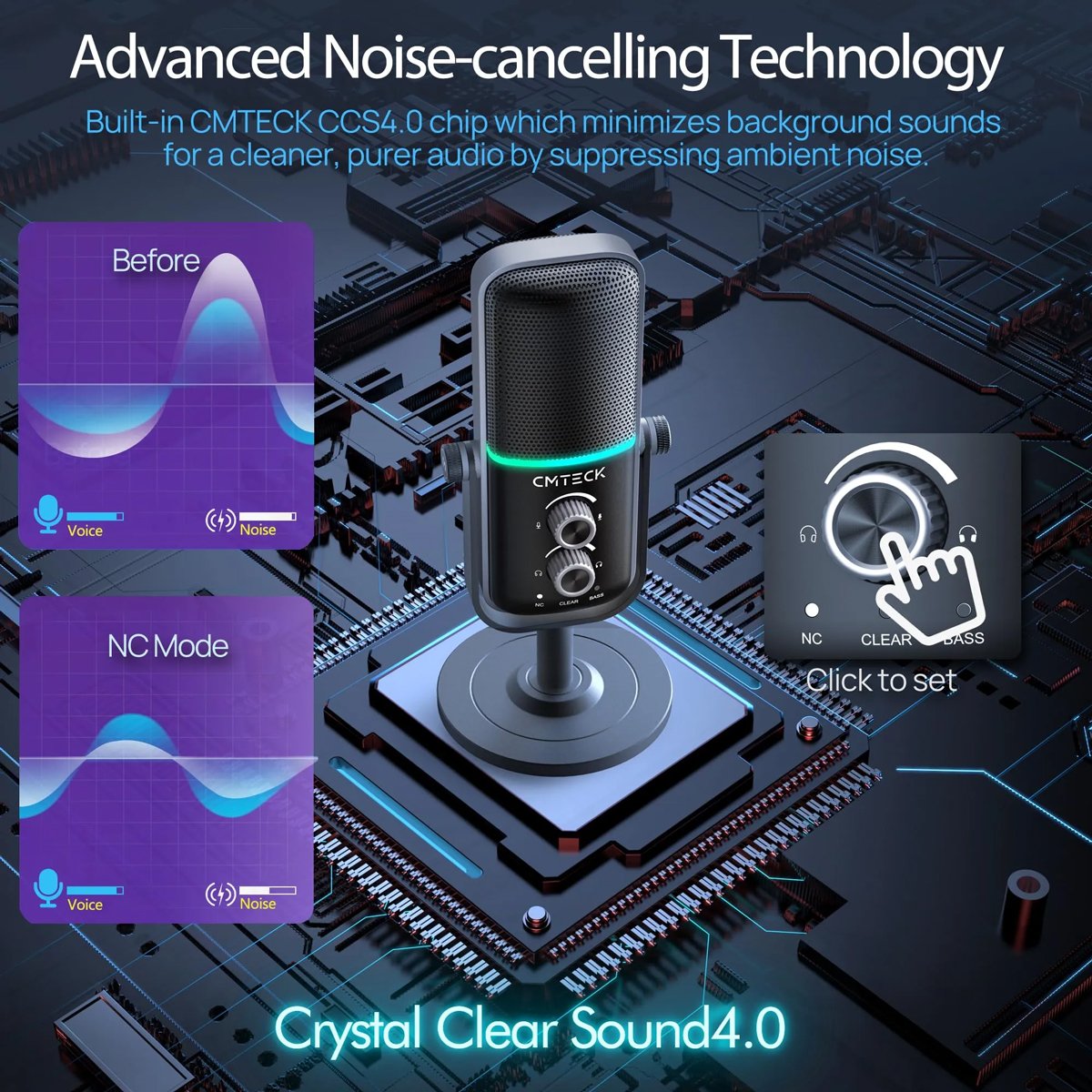 CMTECK επιτραπέζιο μικρόφωνο XM600, omnidirectional/καρδιοειδές, USB, RGB LED, μαύρο - Image 6